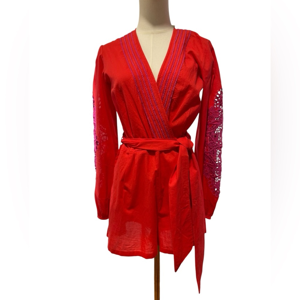 Chelsea & Violet Boho Embroidered Lace Sleeve Romper Red Pink M | NWT